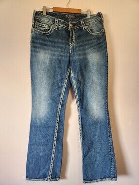 Silver Jeans Co Suki 17 Mid Bootcut Thick Stitch Embellished Y2K Denim Size 14